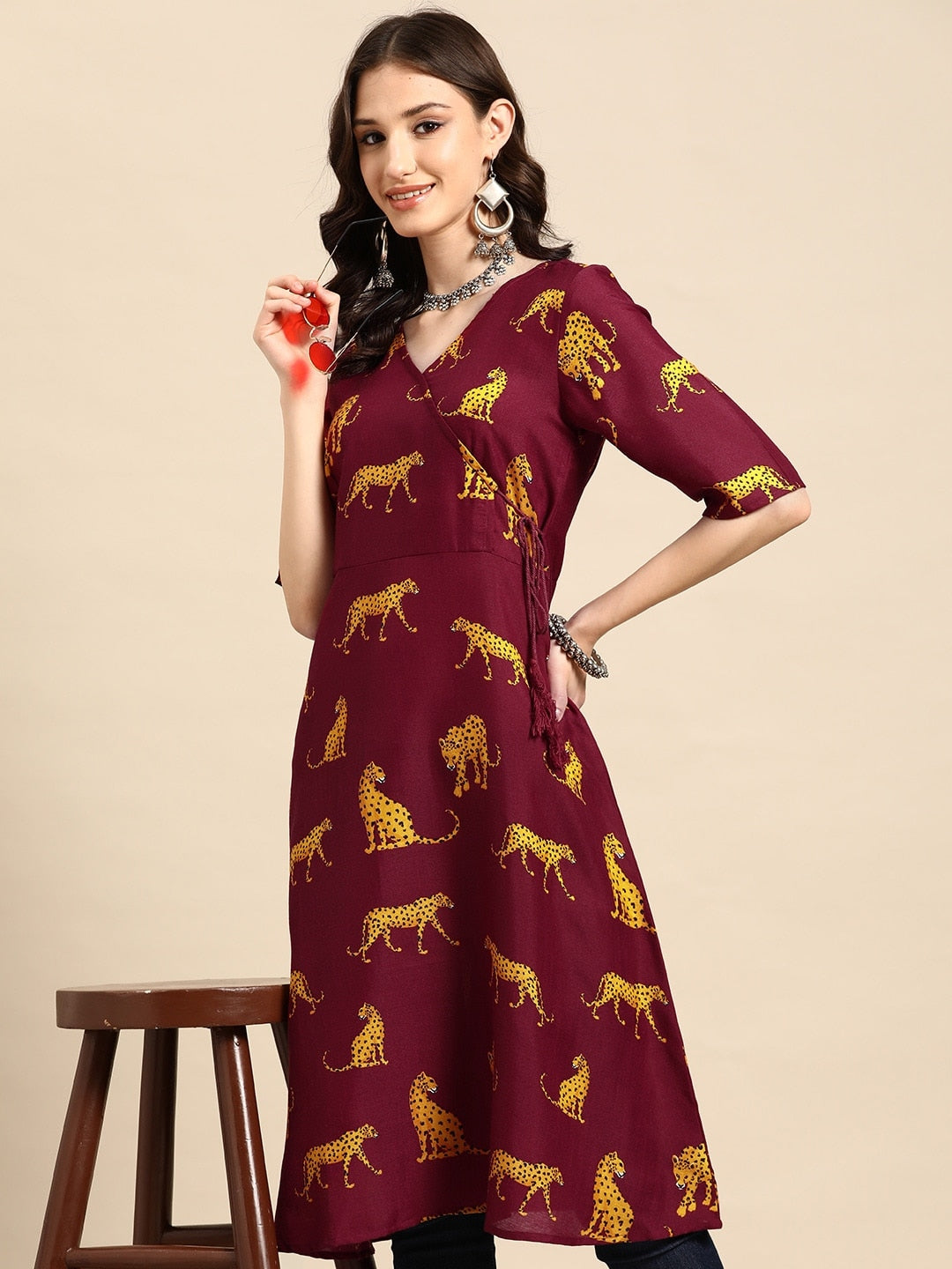 Sangria Animal Print Angrakha Kurta - Distacart