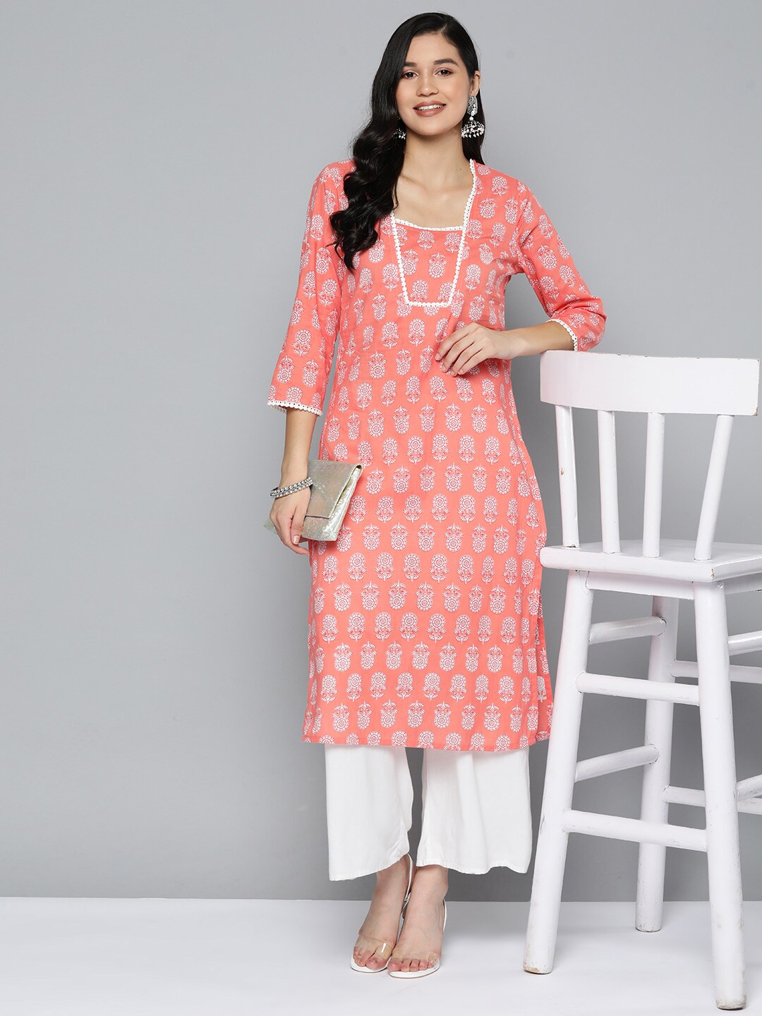 HERE&NOW Pure Cotton Floral Printed Straight Kurta - Distacart