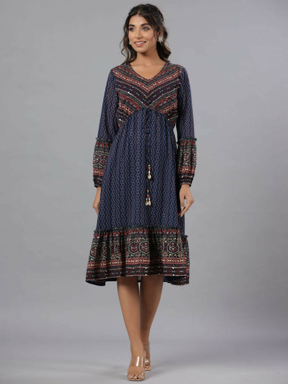 Juniper Women Navy Blue Georgette Printed Midi Dress - Distacart
