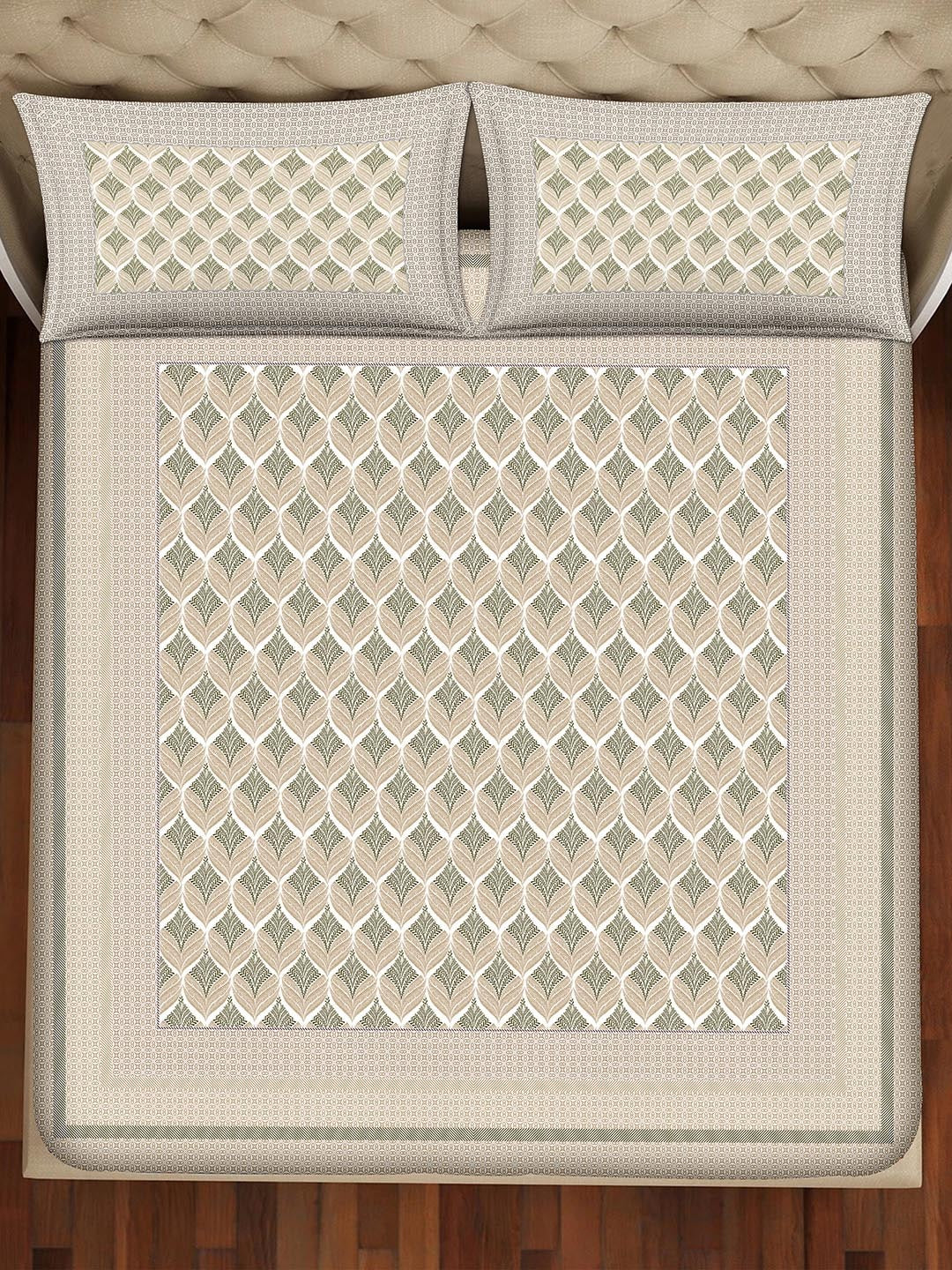 BELLA CASA Beige & Off White Ethnic Motifs 350 TC King Bedsheet with 2 Pillow Covers - Distacart