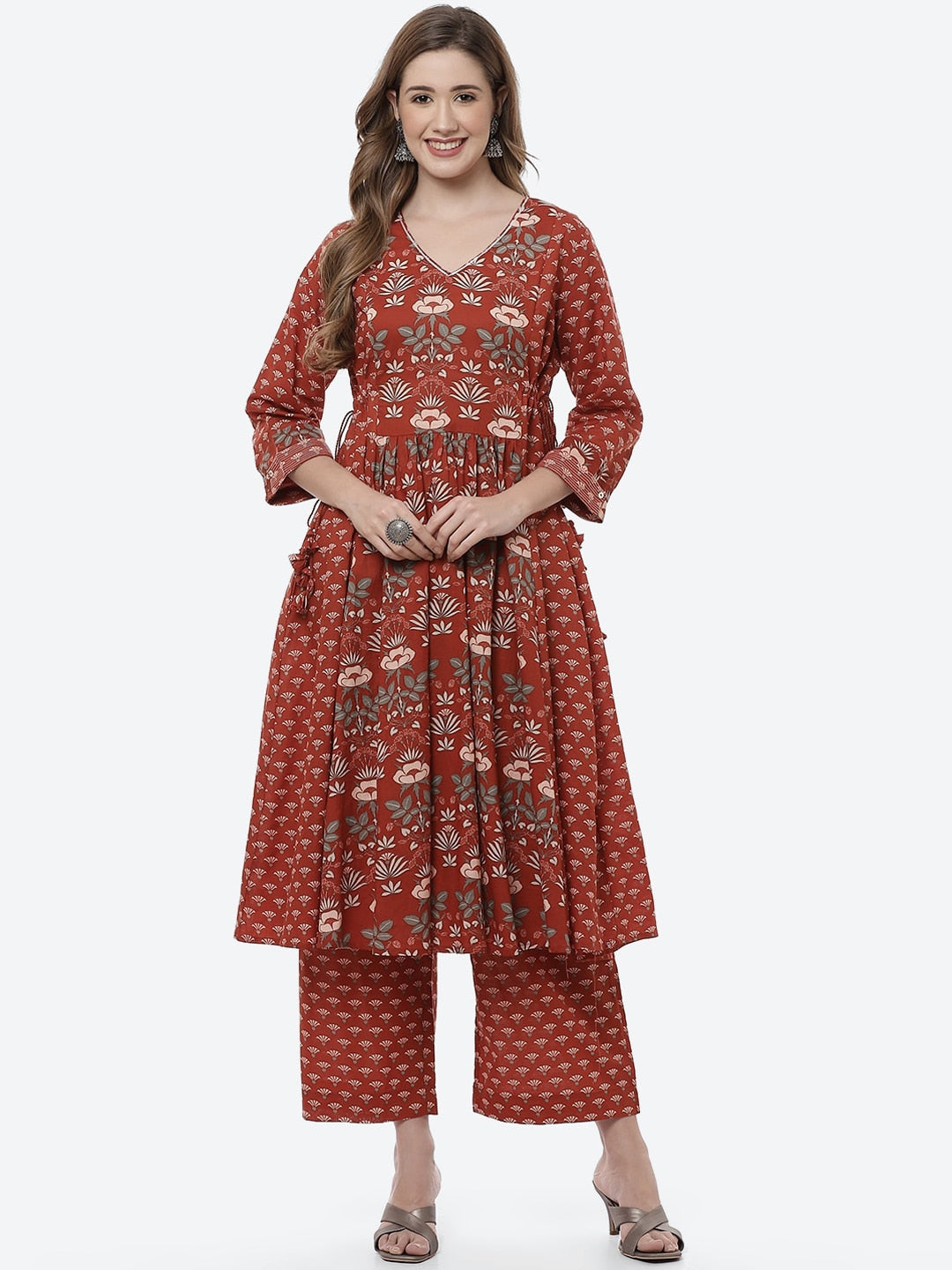 Biba Women Rust Ethnic Motifs Printed Pleated Pure Cotton Kurta with Palazzos - Distacart