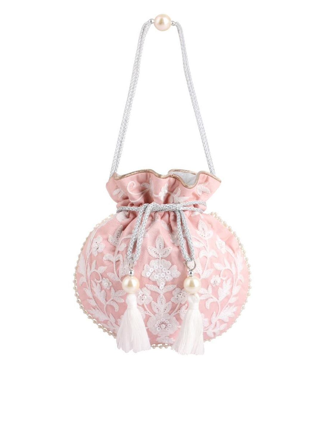 Masq Pink & White Embellished Embroidered Potli Clutch - Distacart