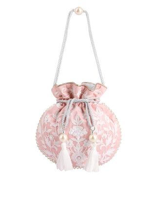 Masq Pink & White Embellished Embroidered Potli Clutch - Distacart