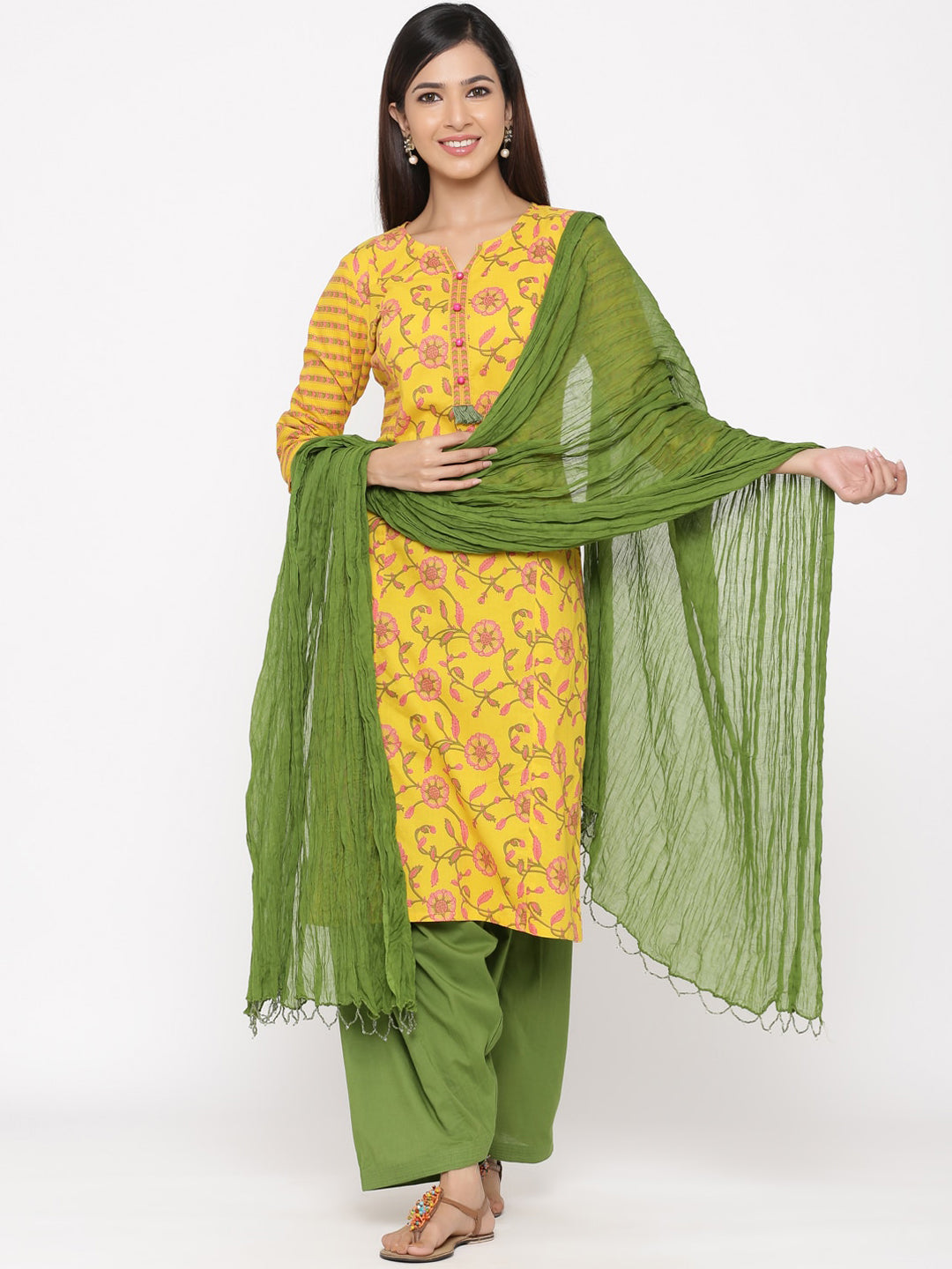 Jaipur Kurti Women Yellow Ethnic Motifs Printed Regular Pure Cotton Kurta with Salwar & With Dupatta - Distacart