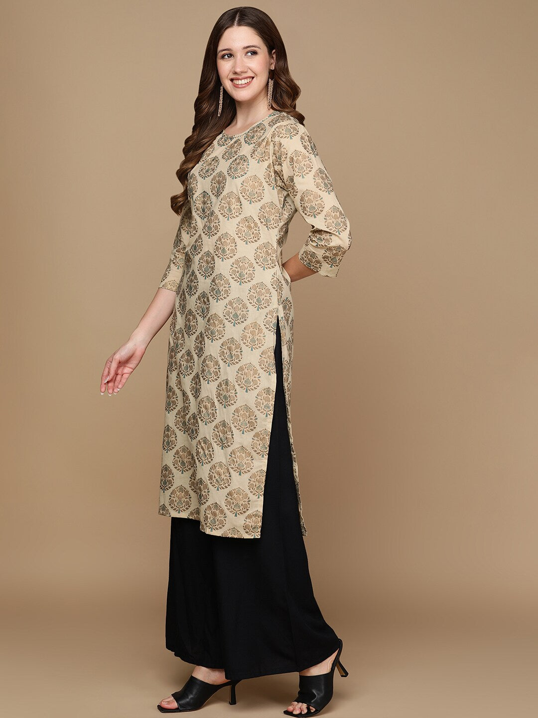 HERE&NOW Beige & Brown Ethnic Motifs Embroidered Pure Cotton Straight Kurta - Distacart