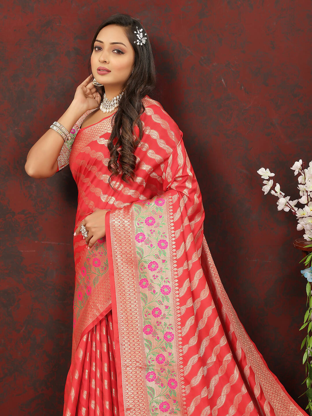 Lorenvalley Fashion Red Soft Silk Woven Design with Zari Weaving Leheriya Design Saree - Distacart