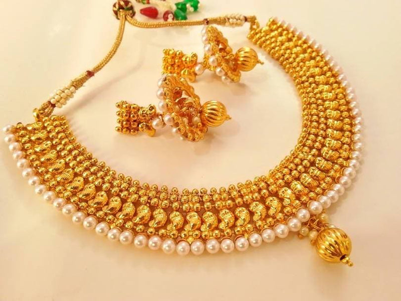 Metallic Mango Necklace Set With White Beads