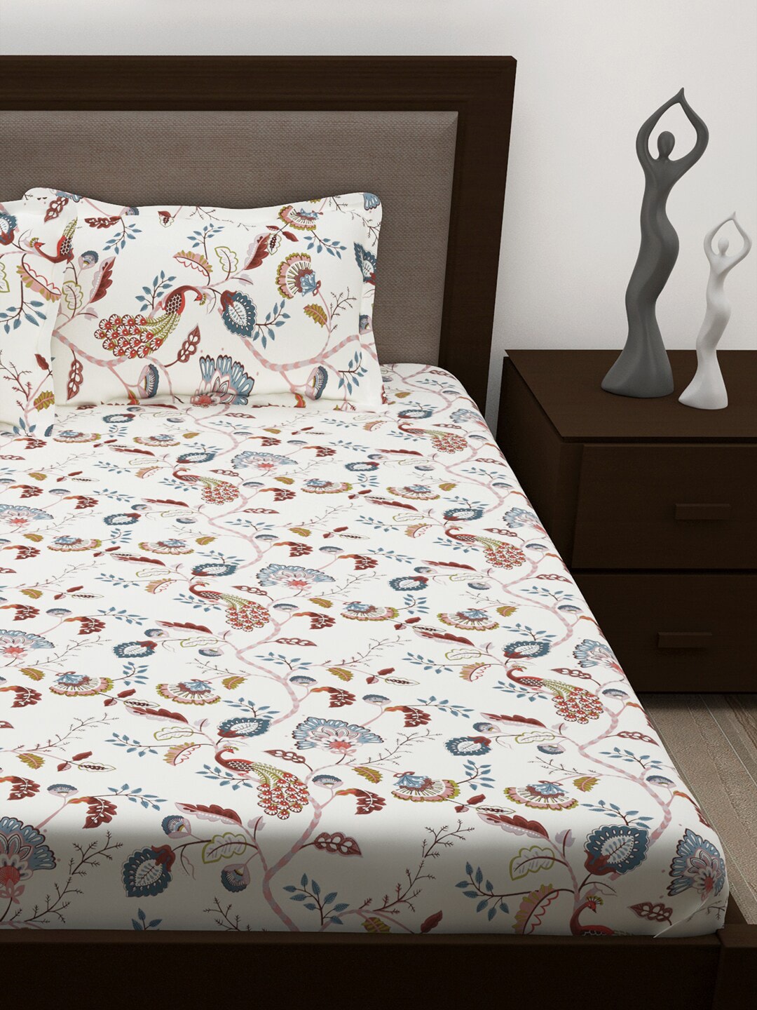 Story@home White & Yellow Ethnic Motifs Cotton 186 TC Queen Bedsheet With 2 Pillow Covers - Distacart