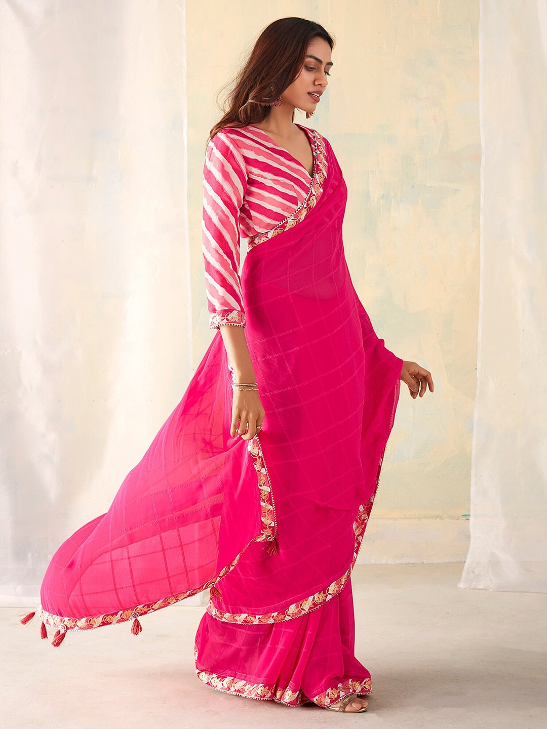 Saree Mall Checked Gotta Patti Pure Georgette Sarees - Distacart