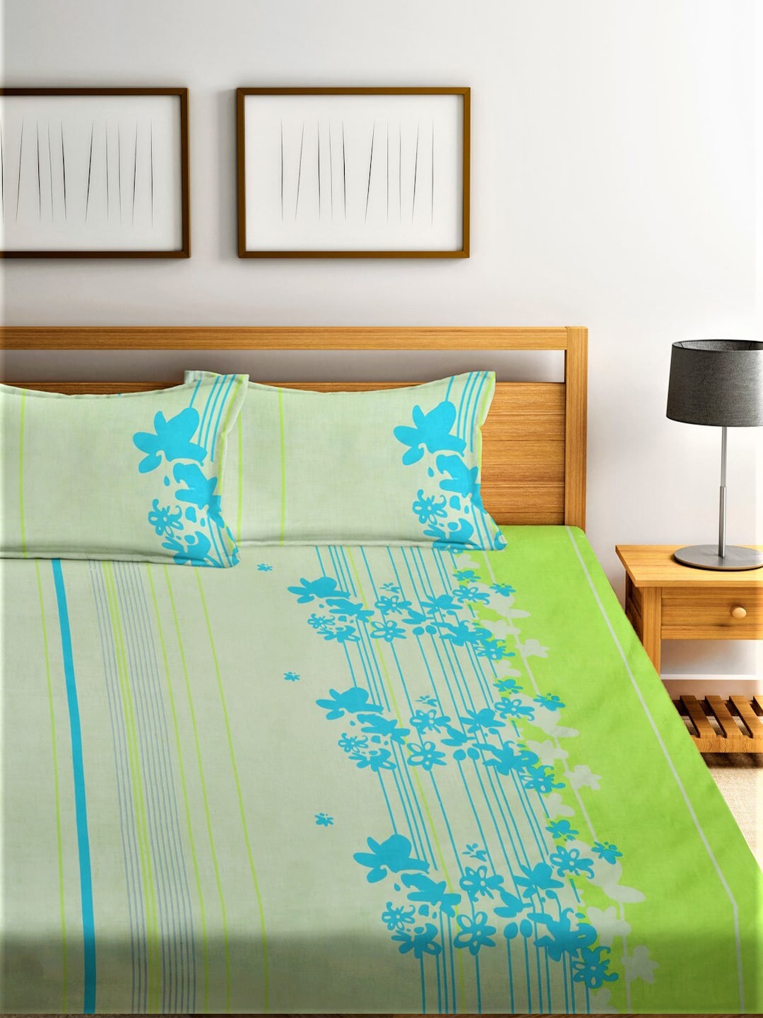 Home Sizzler Green & Blue Floral 210 TC Queen Bedsheet with 2 Pillow Covers - Distacart