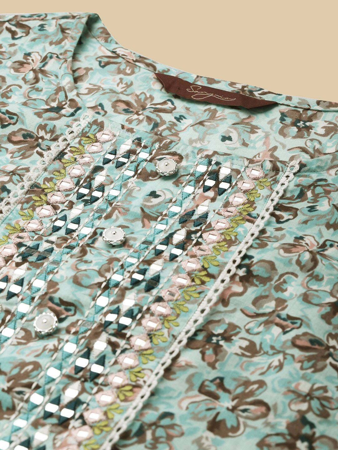 Sangria Sea Green & Brown Floral Printed Pure-Cotton Straight Kurta With Trouser & Dupatta - Distacart