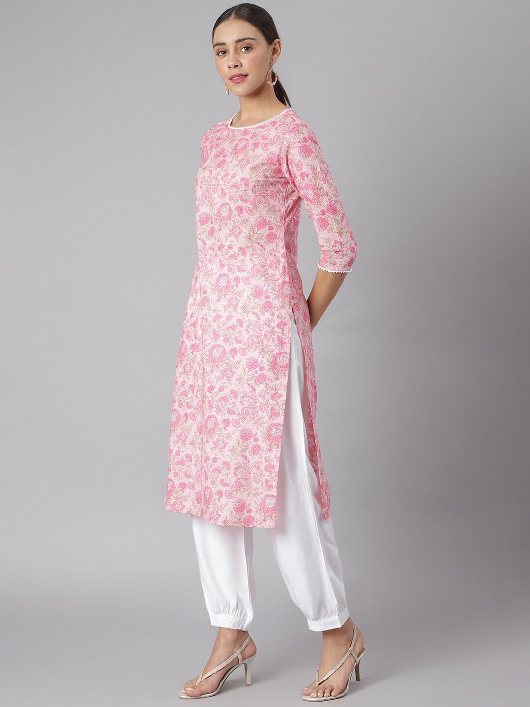 Khushal K Women Pink Floral Printed Cotton Kurta - Distacart