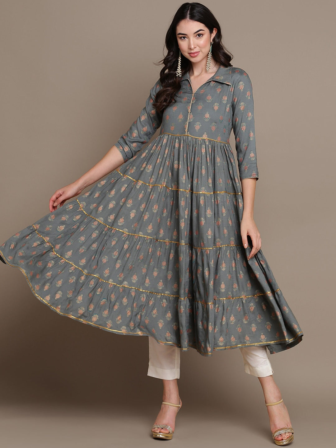 HERE&NOW Ethnic Motifs Printed Shirt Collar Tiered Pure Cotton A-Line Kurta - Distacart