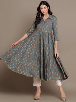Thumbnail for HERE&NOW Ethnic Motifs Printed Shirt Collar Tiered Pure Cotton A-Line Kurta - Distacart