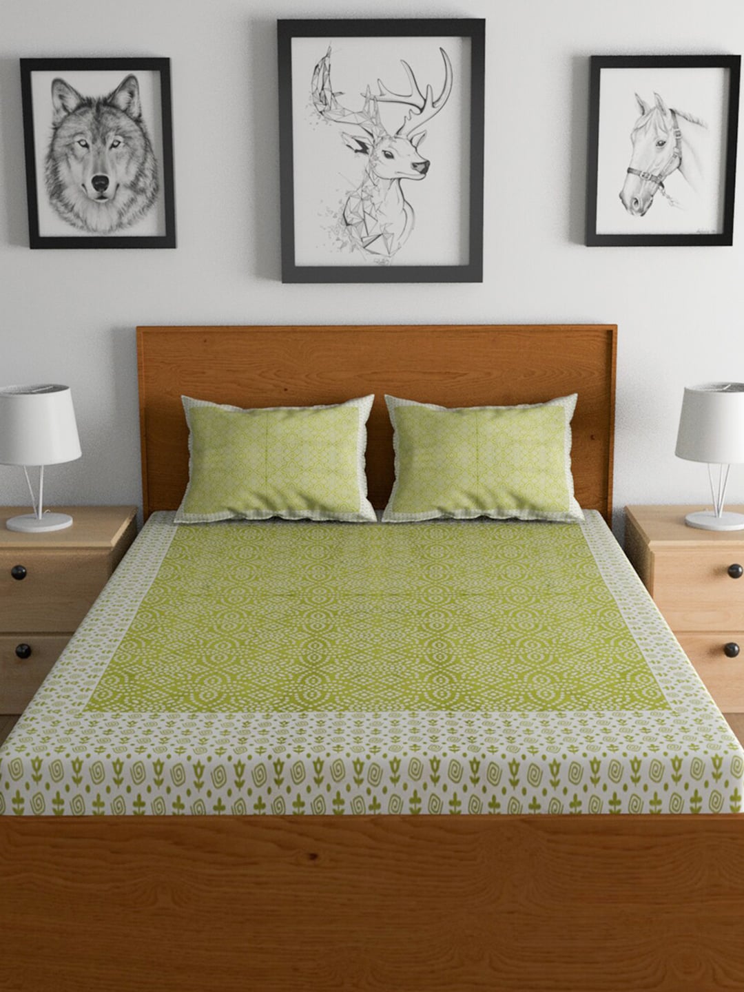 Urban Magic Green & White Ethnic Motifs Cotton 104 TC Queen Bedsheet with 2 Pillow Covers - Distacart