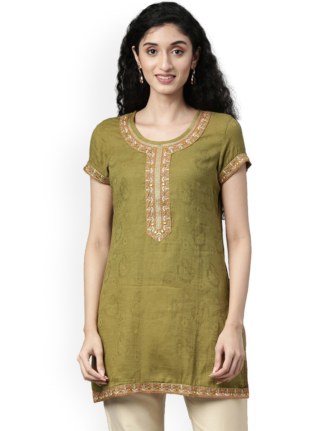 Souchii Olive Green Woven Design Kurta - Distacart