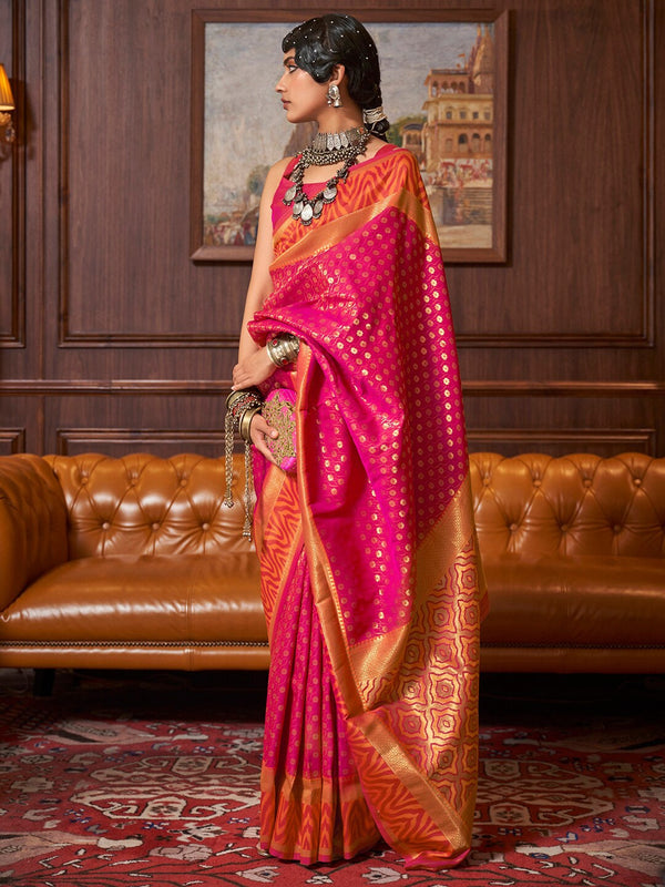 Mitera Pink & Gold-Toned Floral Silk Blend Banarasi Saree - Distacart