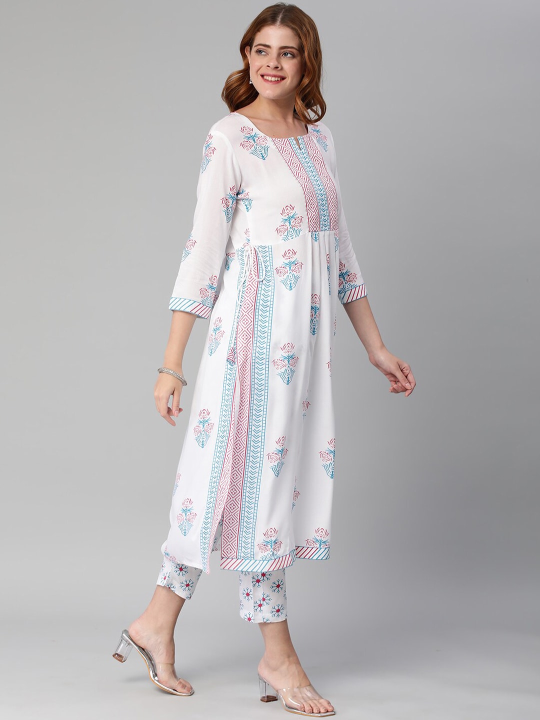Kalini Ethnic Motifs Printed Notched Neck A-Line Kurta With Trousers - Distacart