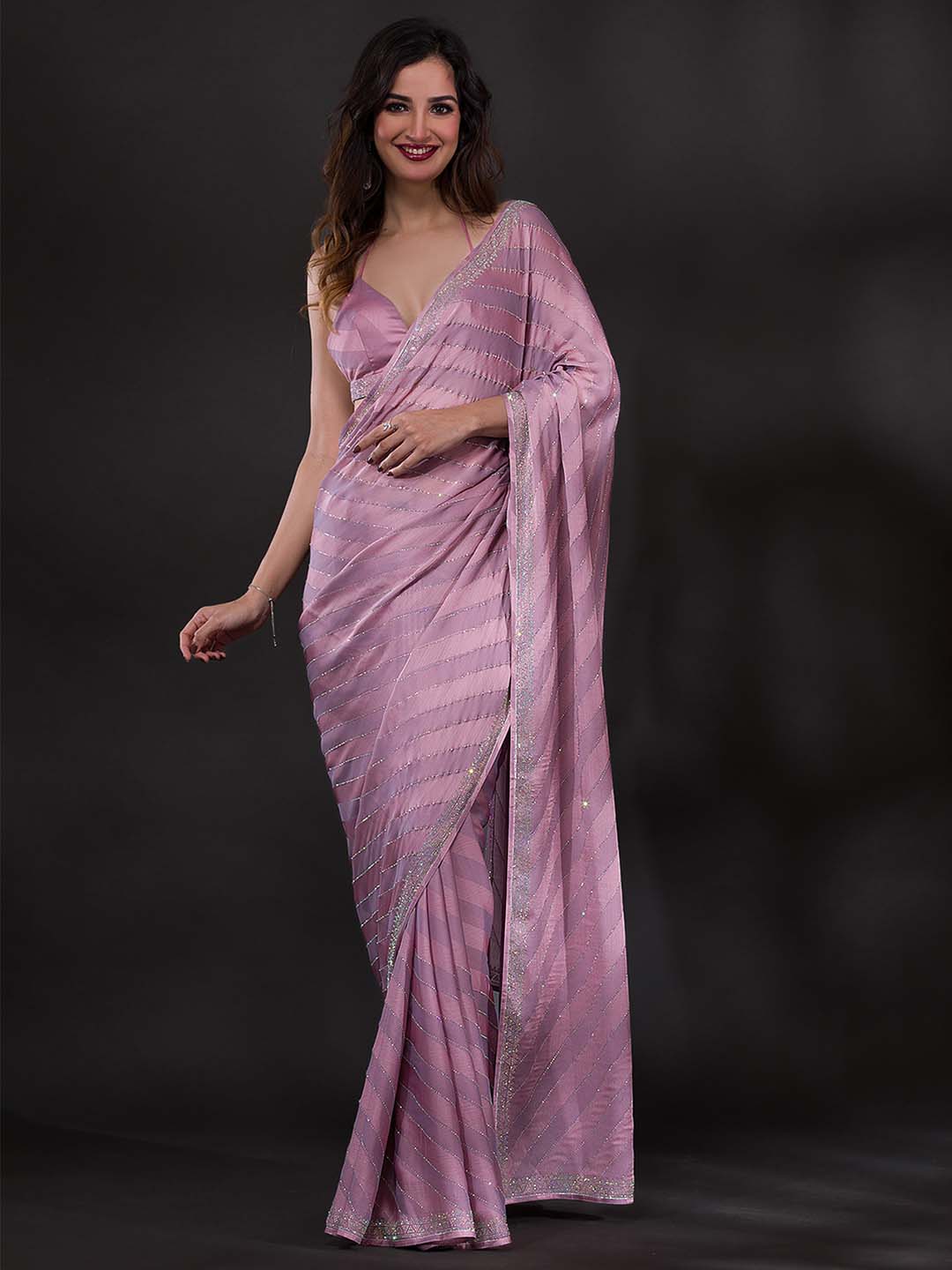 Koskii Lavender Embellished Beads and Stones Poly Crepe Saree - Distacart