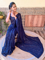 Thumbnail for Mitera Blue Embellished Sequinned Pure Georgette Saree - Distacart