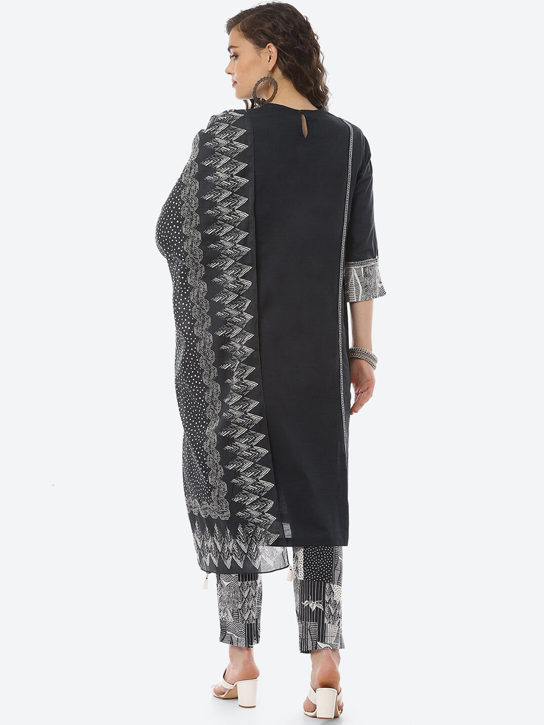 Biba Women Black Ethnic Motifs Panelled Pure Cotton Kurta with Trousers & Dupatta - Distacart