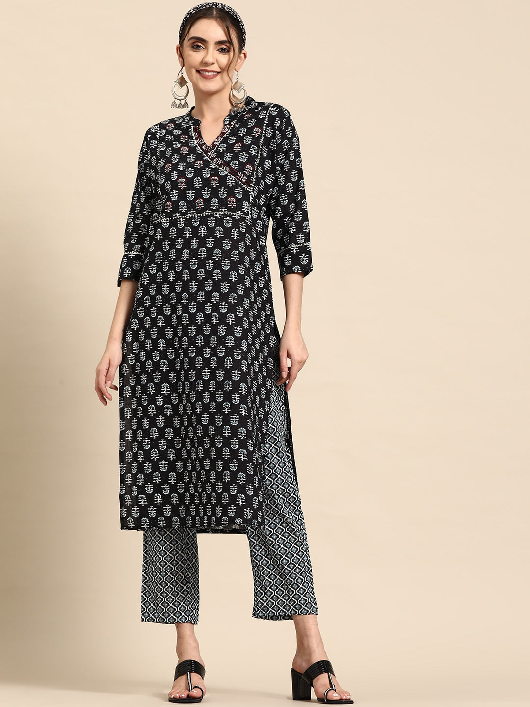 Sangria Ethnic Motifs Printed High Slit Gotta Patti Pure Cotton Kurta With Trousers - Distacart