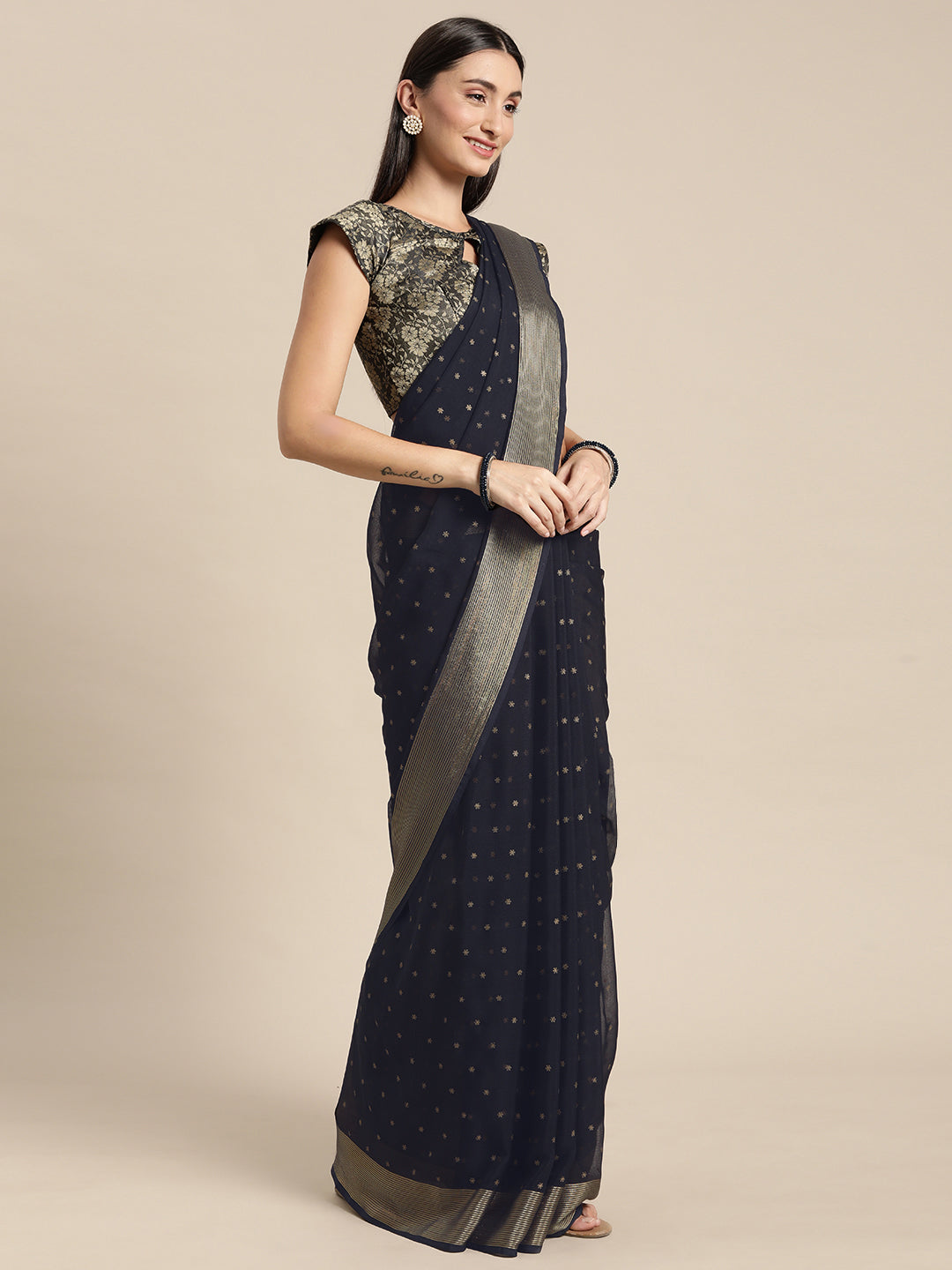Mitera Black & Gold-Toned Floral Zari Pure Chiffon Saree - Distacart