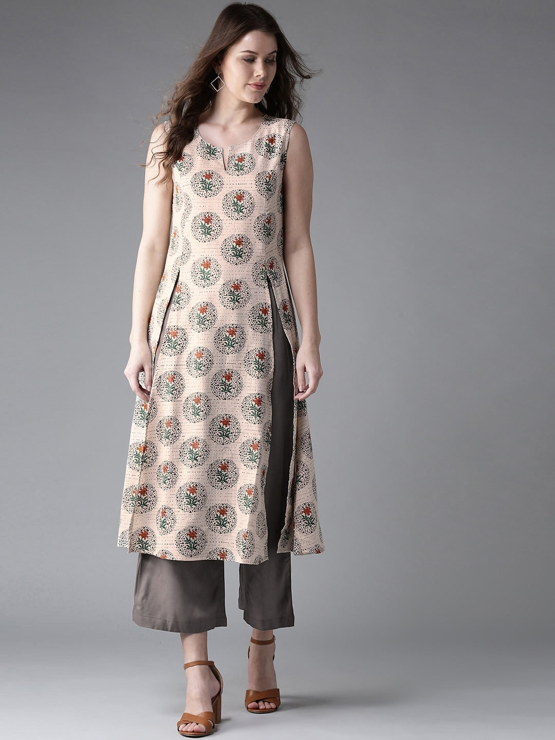 HERE&NOW Women Beige & Grey Printed Kurta with Palazzos - Distacart