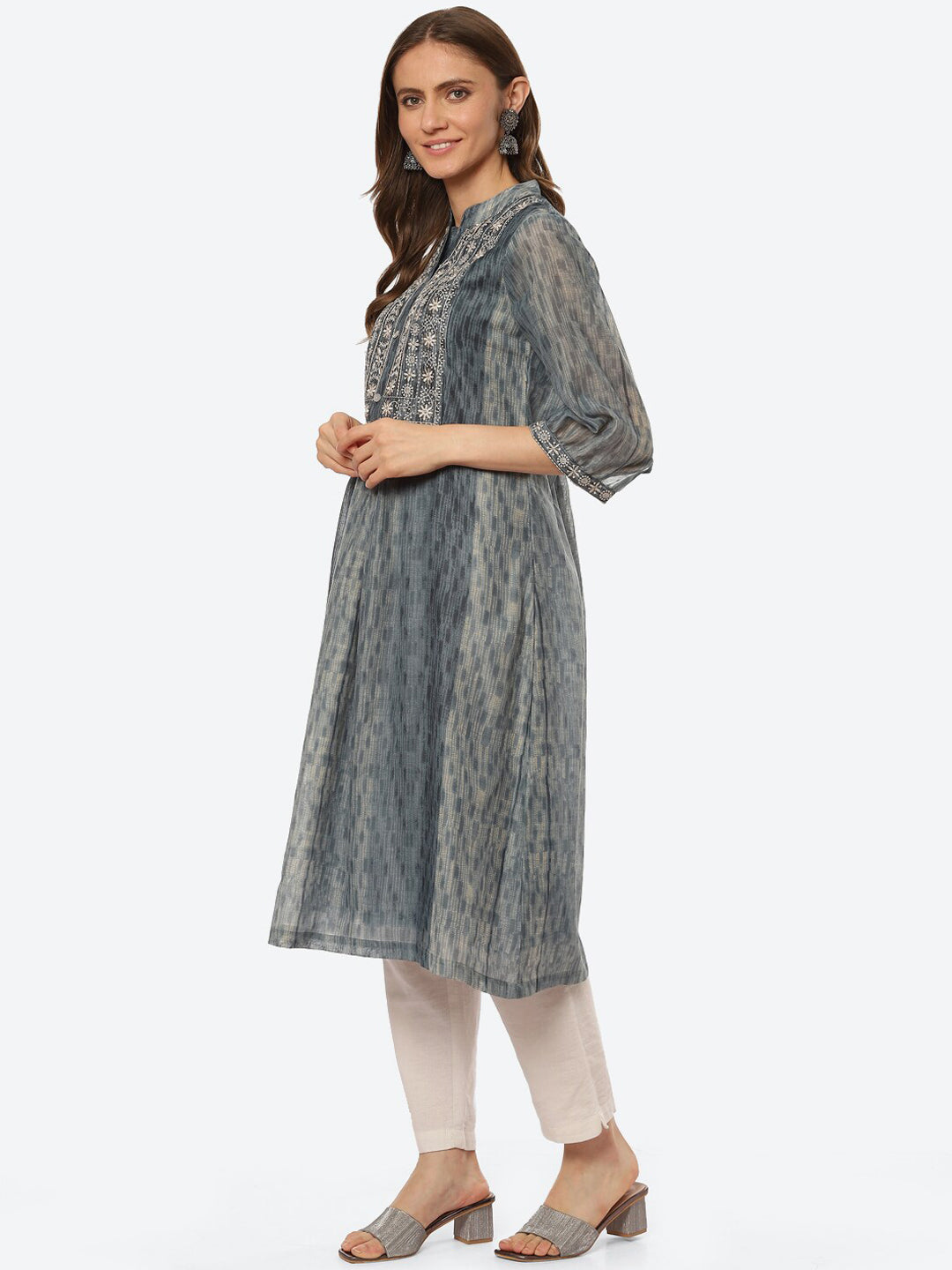 Biba Women Grey Floral Yoke Design Thread Work Anarkali Kurta - Distacart