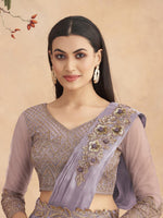 Thumbnail for Mitera Lavender Floral Embroidered Satin Saree - Distacart