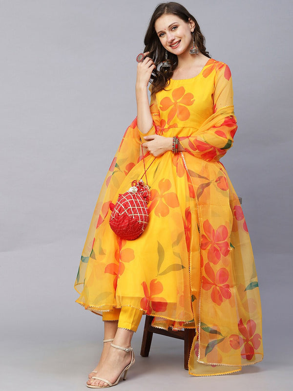 Kalini Floral Printed Gotta Patti Kurta with Trousers & With Dupatta - Distacart