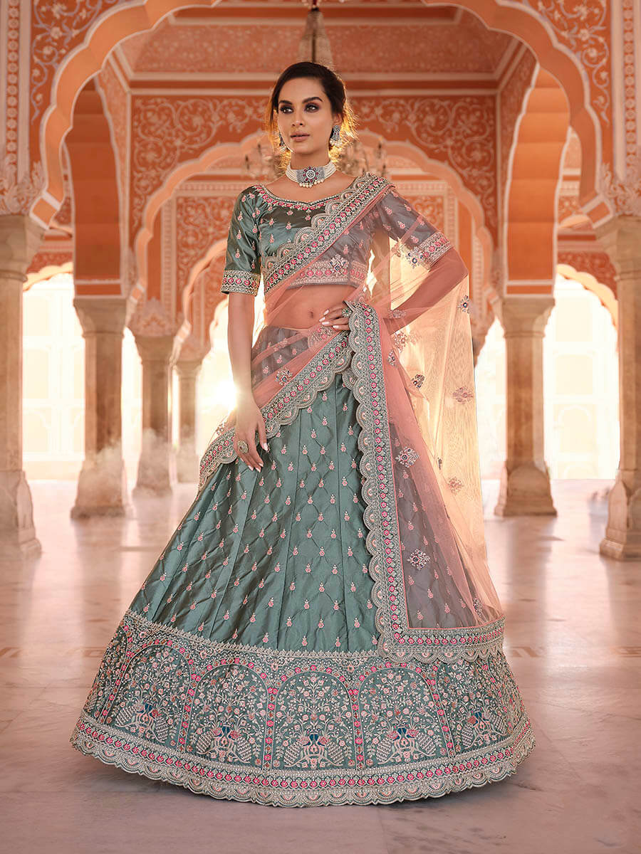 Myra Rama Green Embroidered Designer Lehenga Choli - Distacart