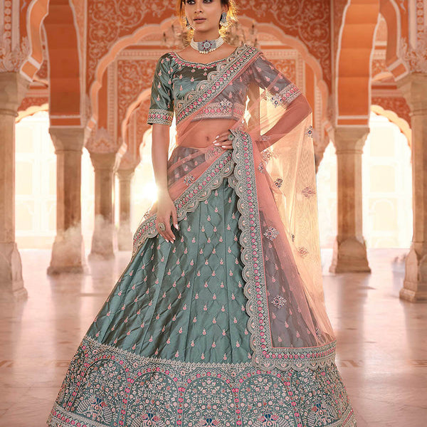 Myra Rama Green Embroidered Designer Lehenga Choli - Distacart