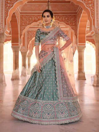 Myra Rama Green Embroidered Designer Lehenga Choli - Distacart