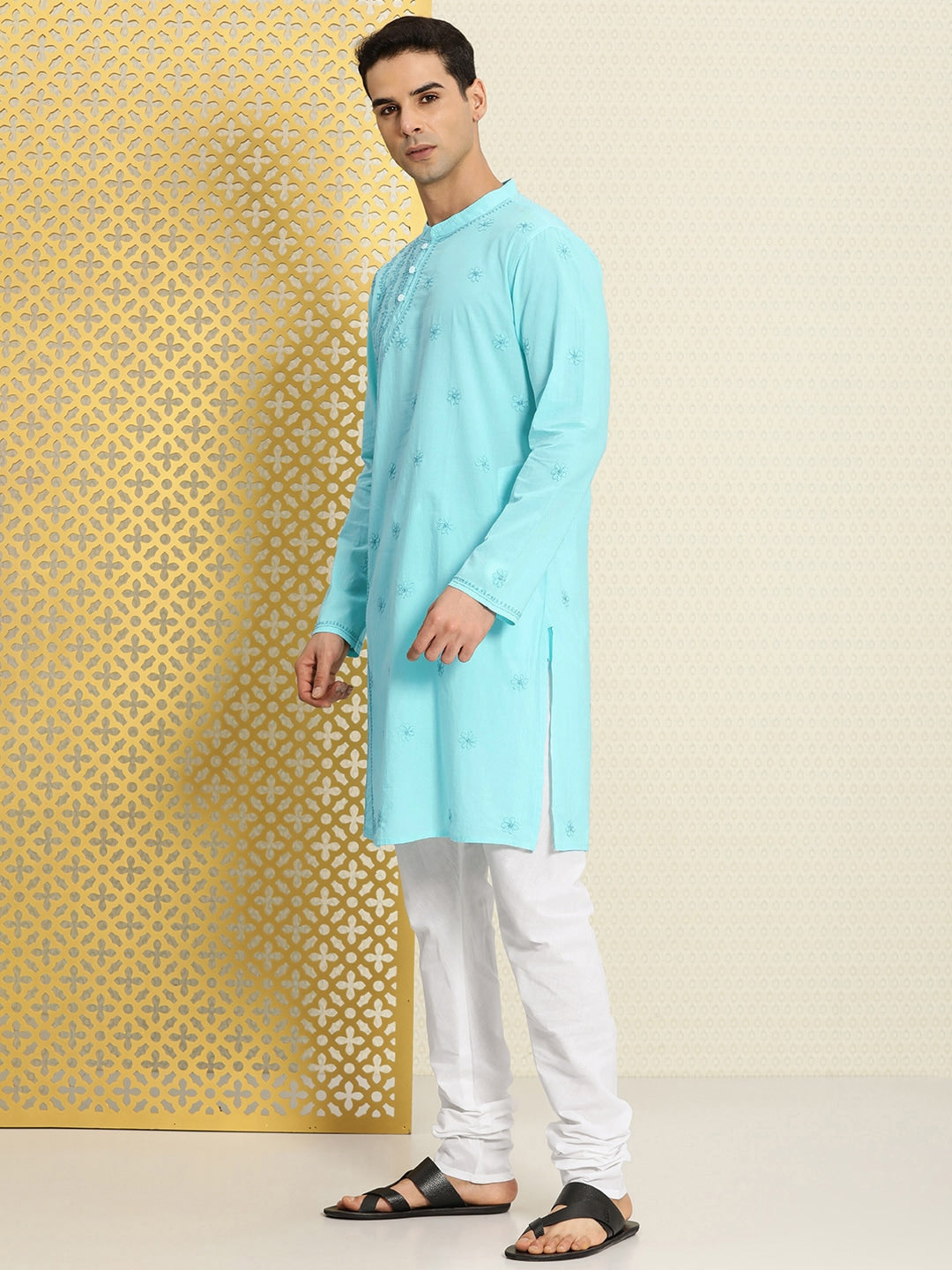 House of Pataudi Men Pure Cotton Embroidered Chikankari Jashn Kurta with Churidar - Distacart