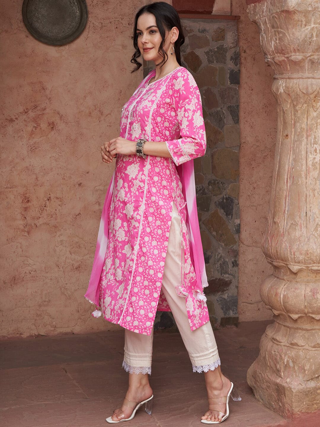 Sangria Ethnic Motifs Printed Sequined Pure Cotton Kurta with Trousers & Dupatta - Distacart