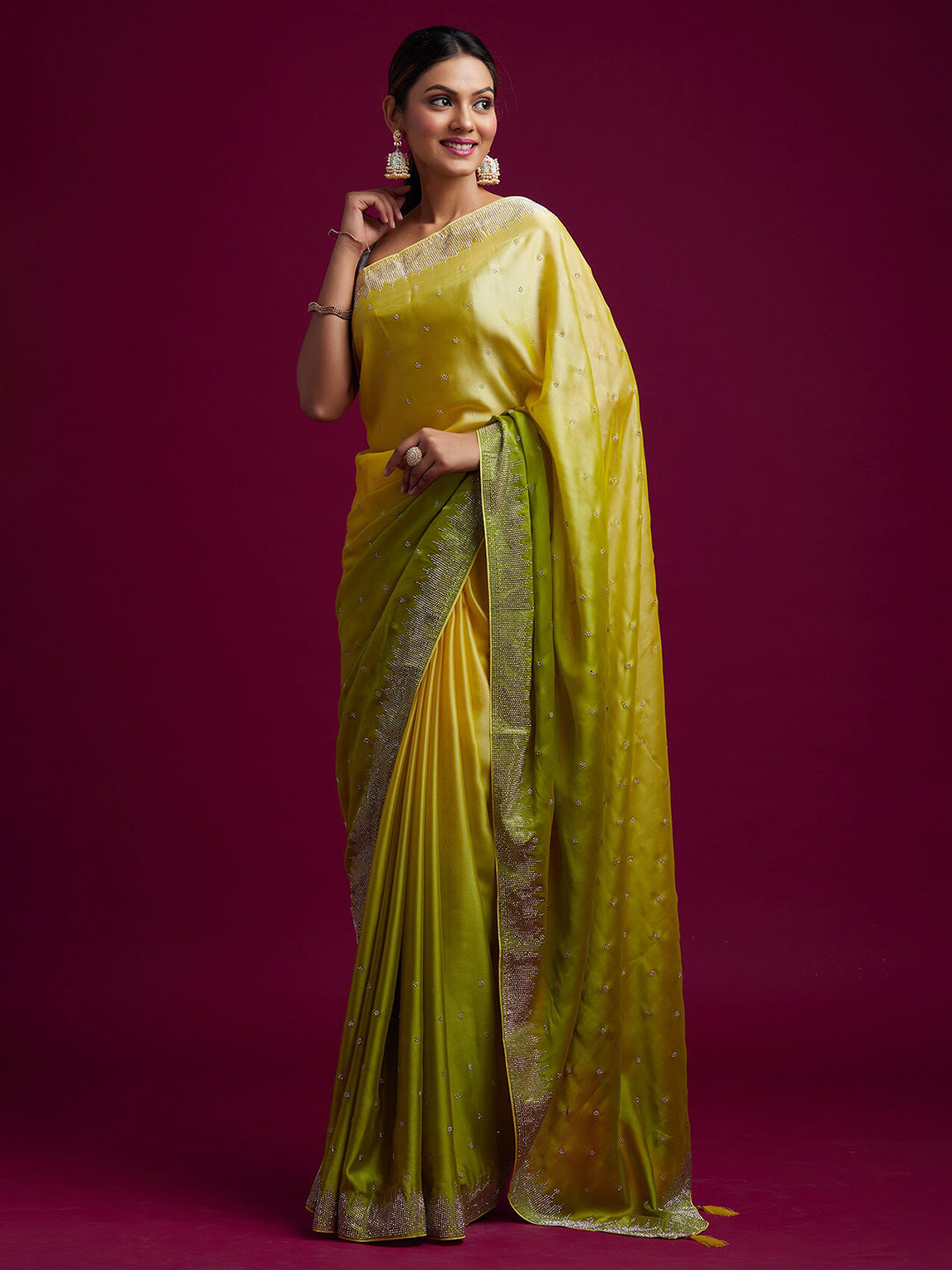 Koskii Green & Yellow Ombre Embroidered Saree - Distacart