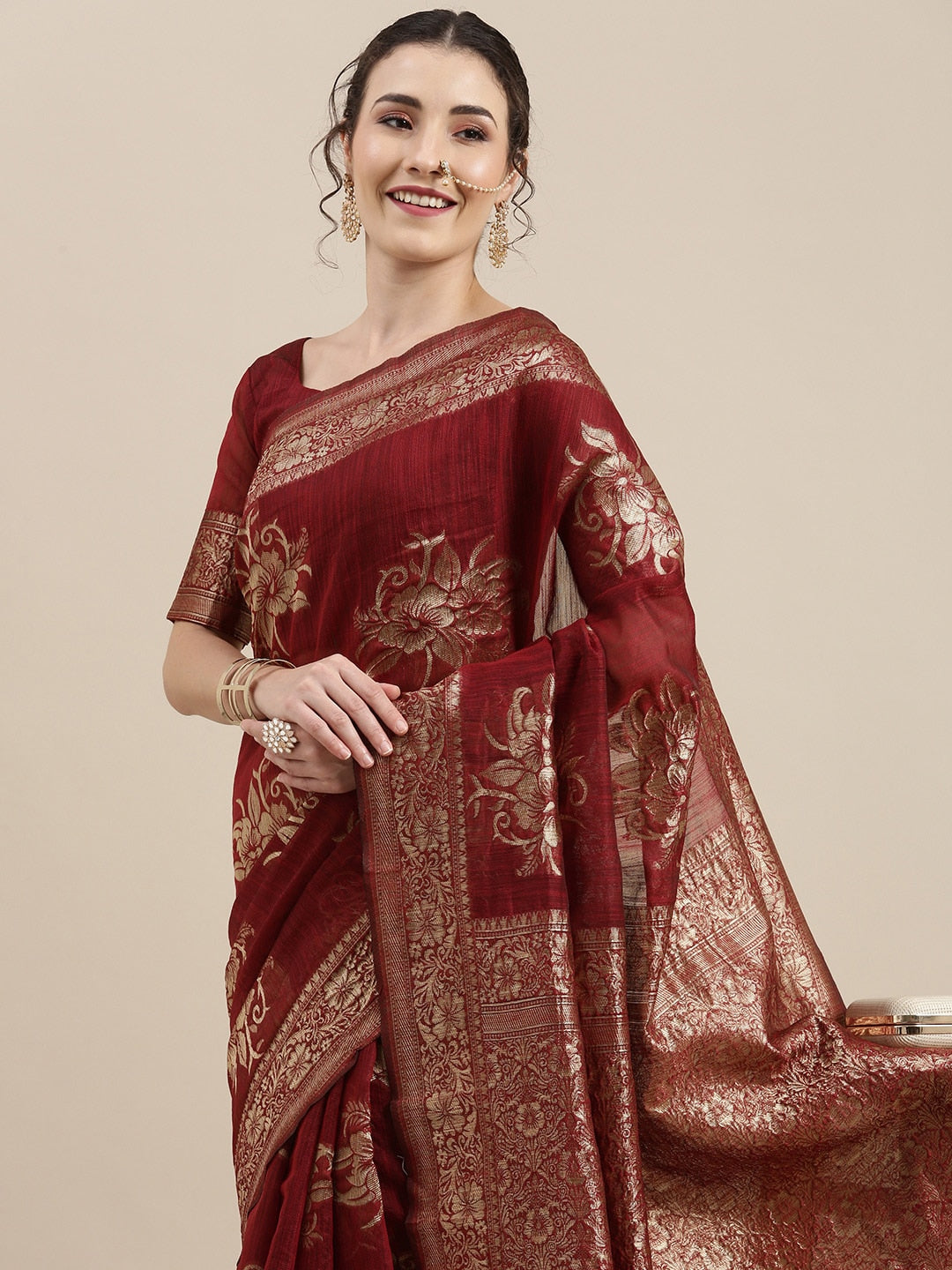 Saree Mall Maroon Floral Linen Blend Banarasi Saree - Distacart