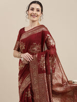 Thumbnail for Saree Mall Maroon Floral Linen Blend Banarasi Saree - Distacart