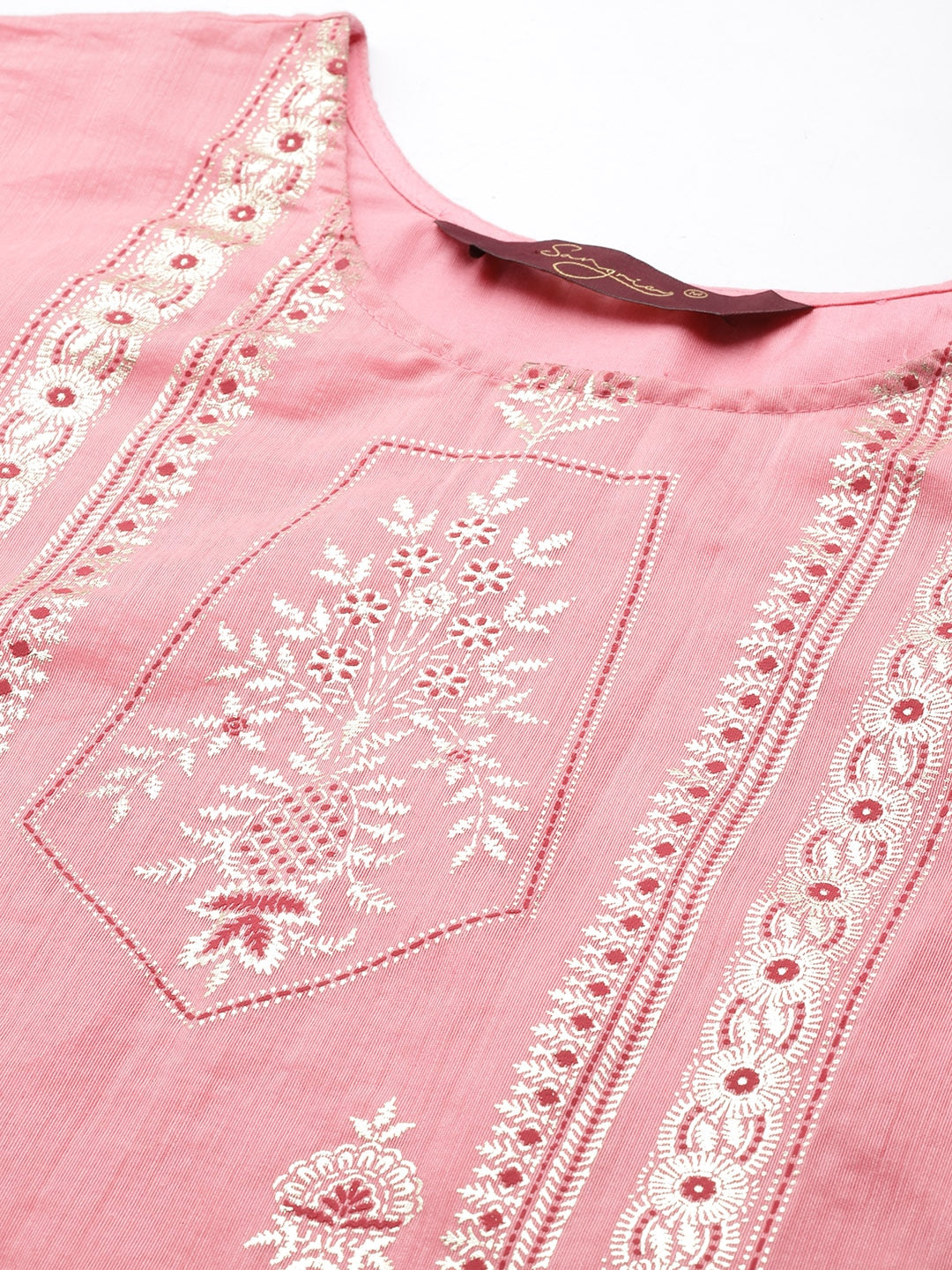 Sangria Women Pink Ethnic Motifs Printed Chanderi Cotton Kurta with Trousers & With Dupatta - Distacart