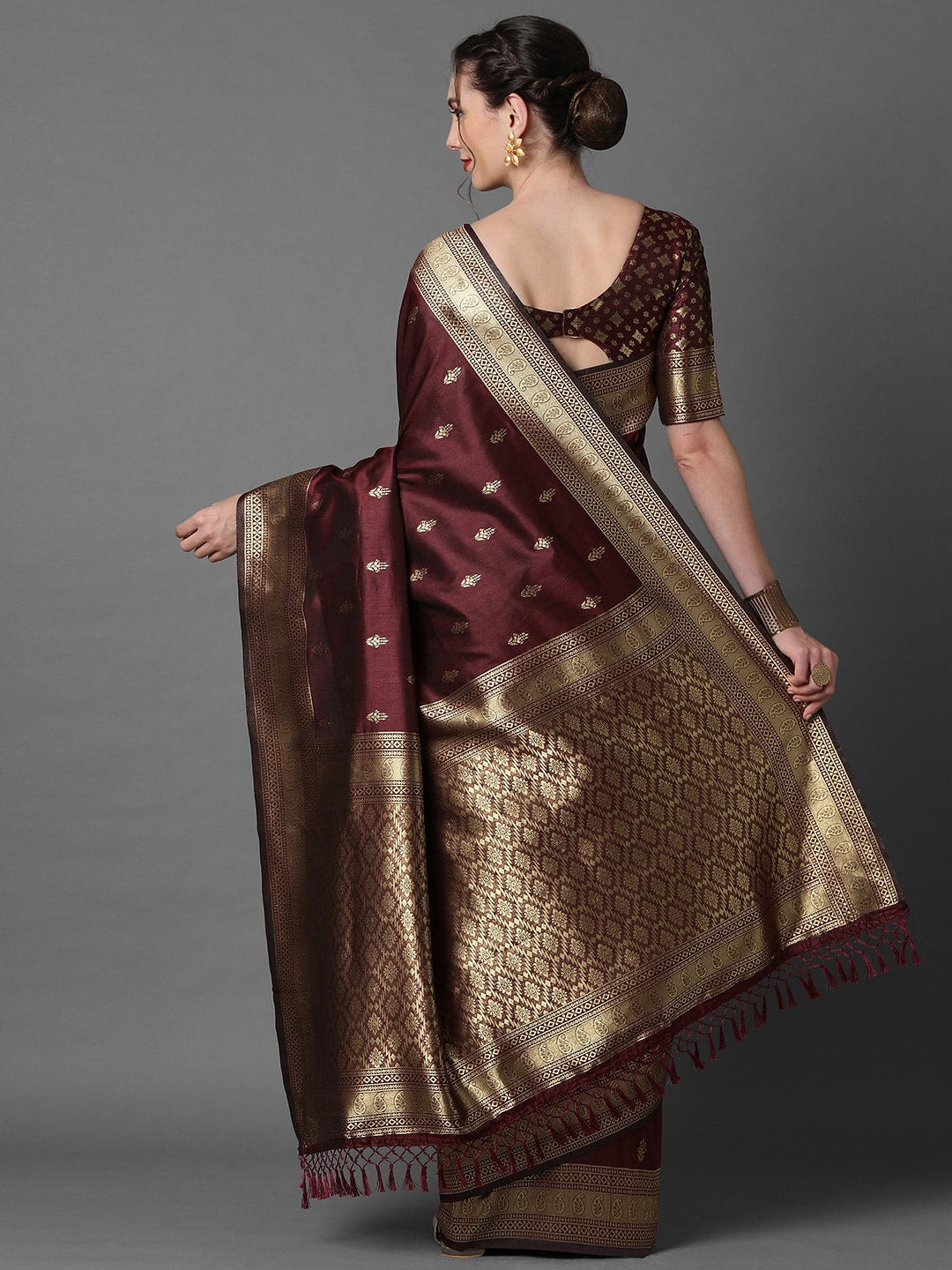 Mitera Brown & Gold-Coloured Ethnic Motifs Woven Design Silk Blend Banarasi Saree - Distacart