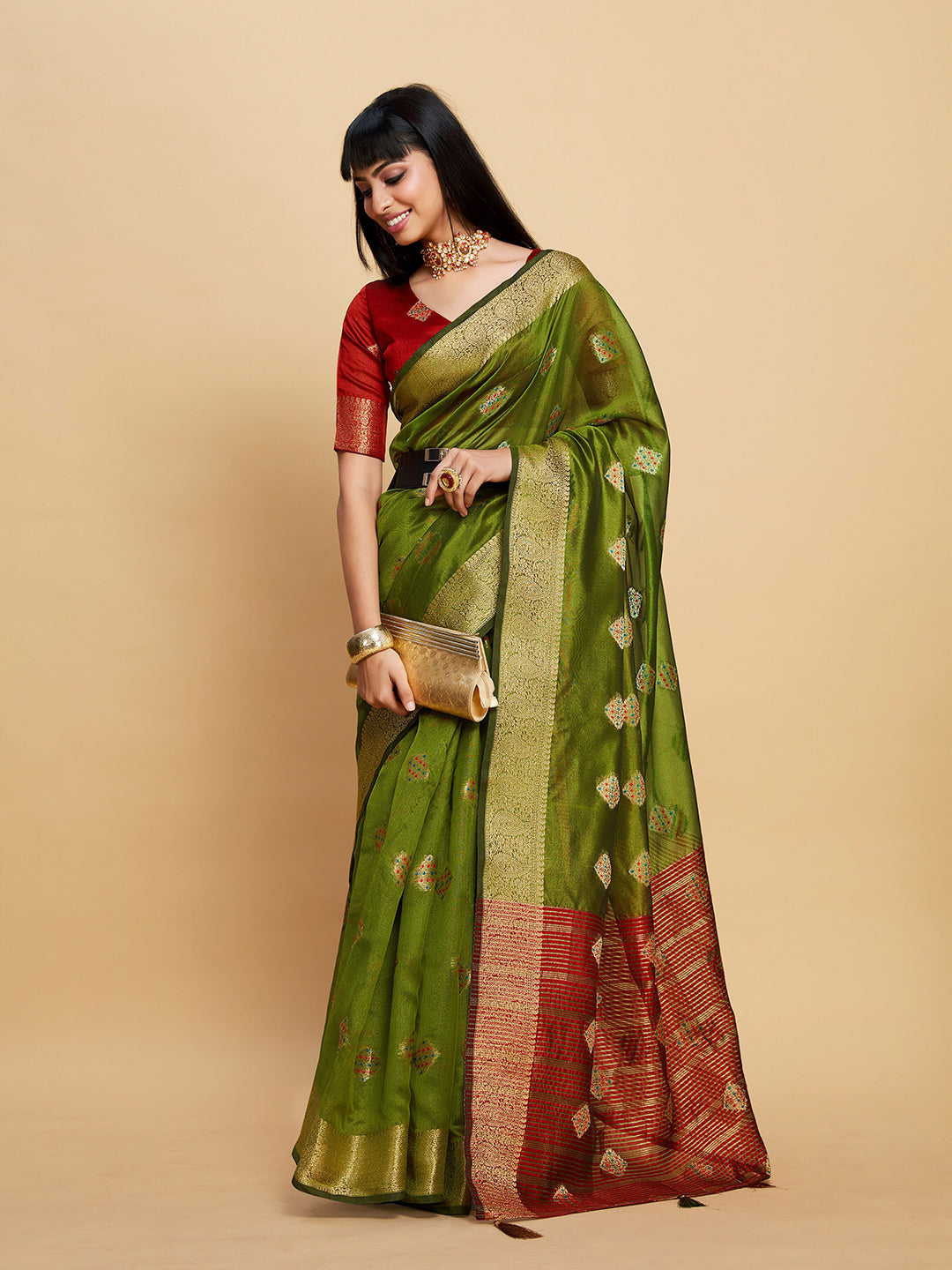 Sangria Green Ethnic Motifs Woven Design Zari Organza Saree - Distacart