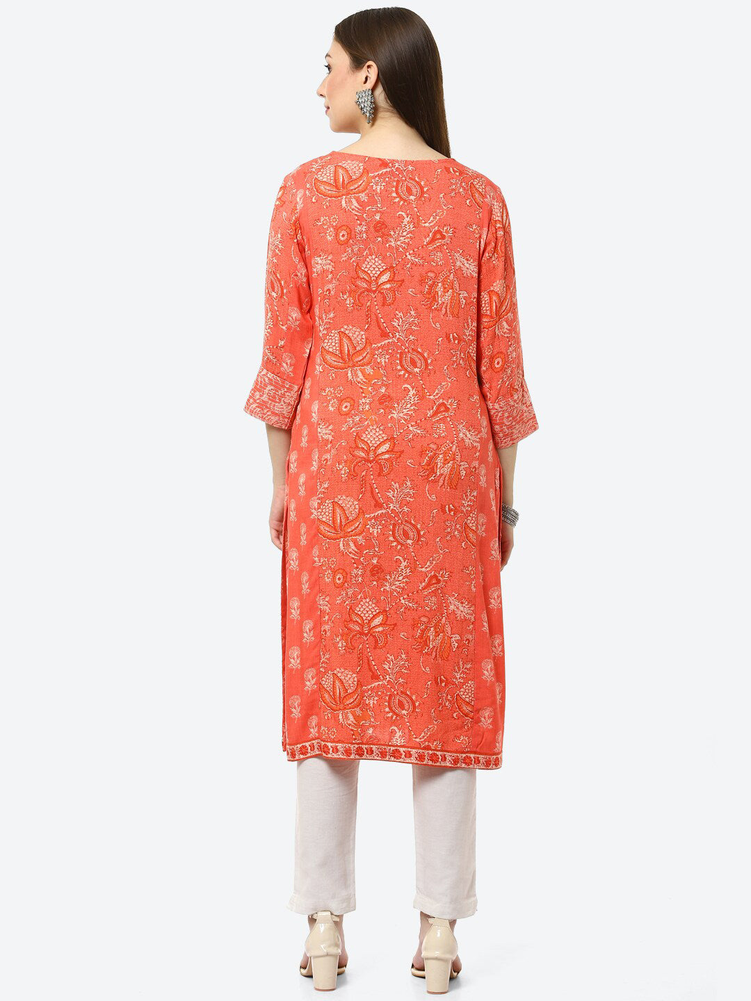 Biba Women Coral Orange Printed Kurta - Distacart