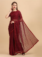 Thumbnail for Sangria Maroon Floral Self Design Lace Saree - Distacart