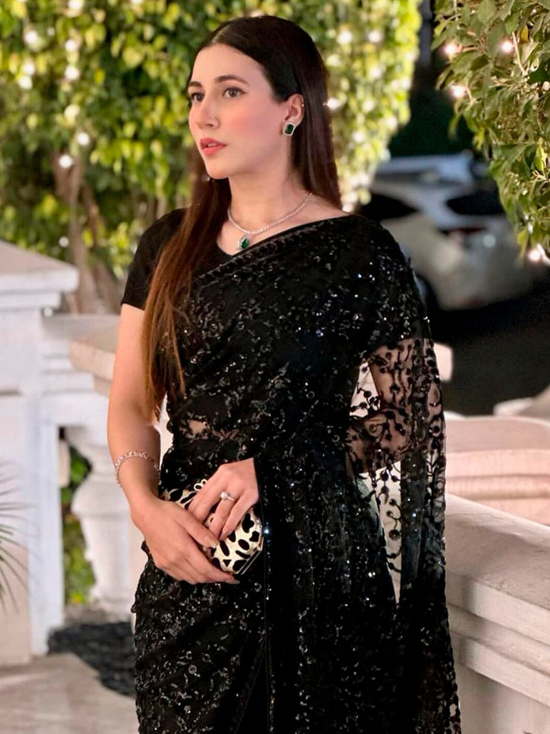 Sangria Embellished Sequinned Pure Georgette Saree - Distacart