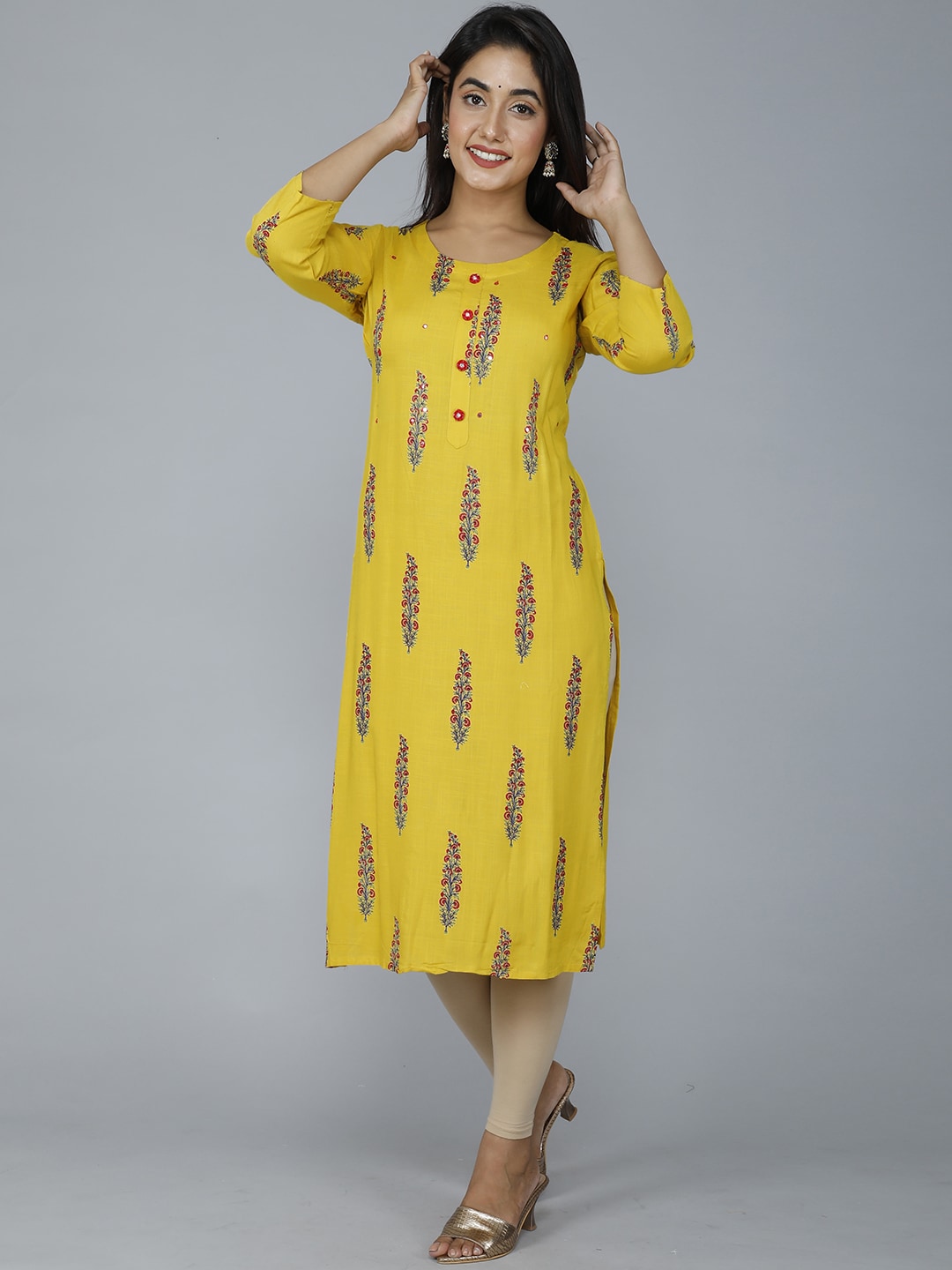 HERE&NOW Women Mustard Yellow Floral Mirror Work Floral Kurta - Distacart