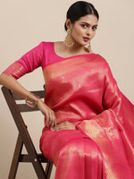 Thumbnail for Saree Mall Pink Ethnic Motifs Zari Silk Blend Banarasi Saree - Distacart