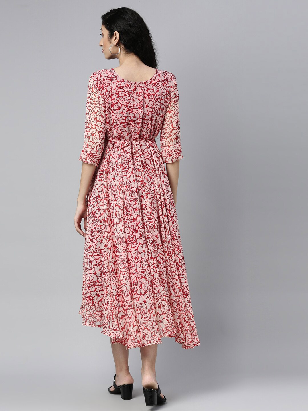 Souchii White & Red Floral Layered Chiffon Midi Dress - Distacart