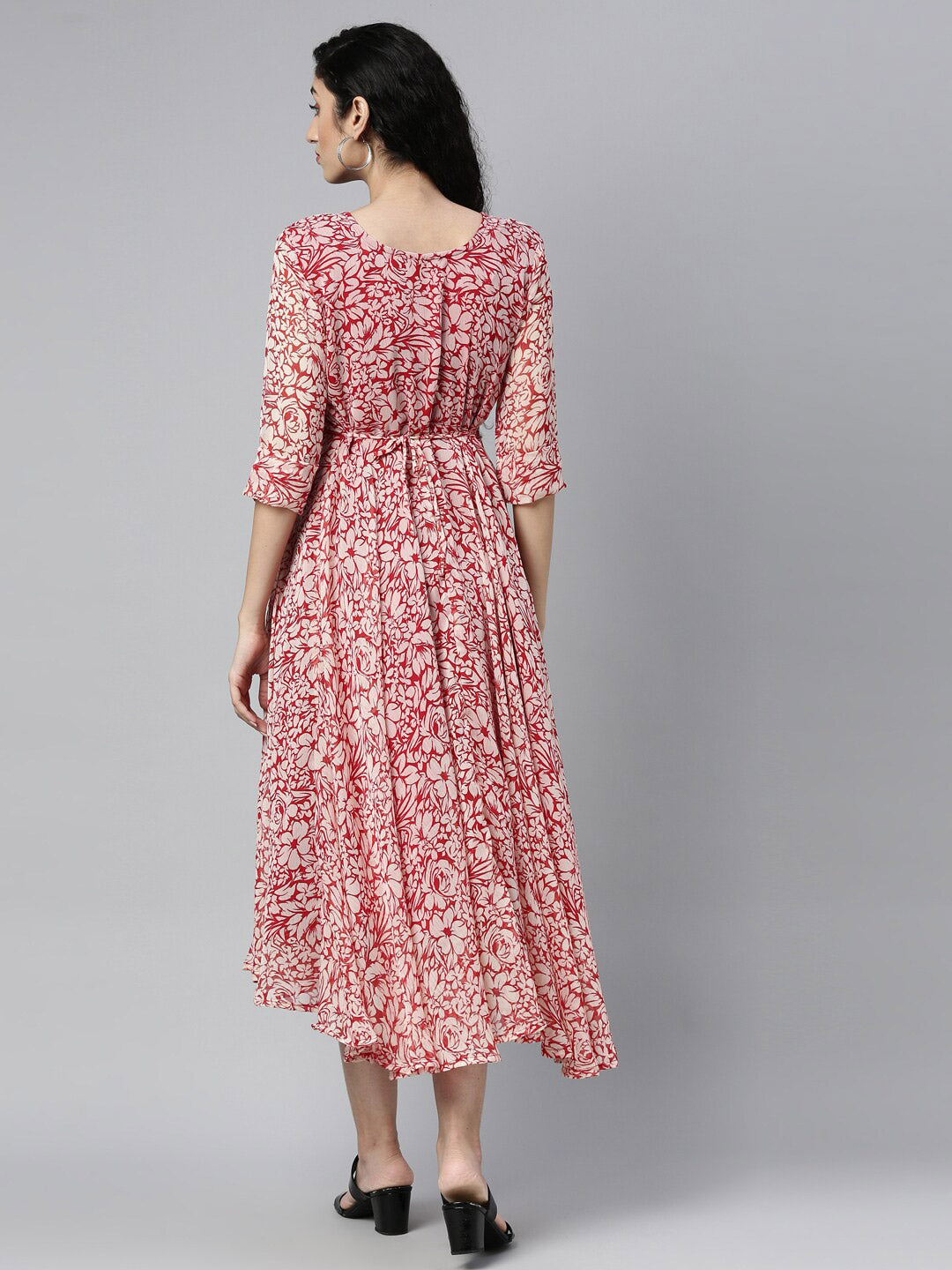 Souchii White & Red Floral Layered Chiffon Beautiful Midi Dress - Distacart