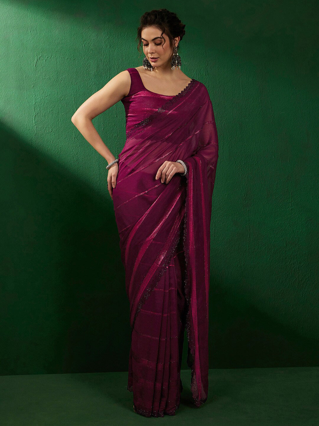 Sangria Striped Embellished Pure Georgette Saree - Distacart